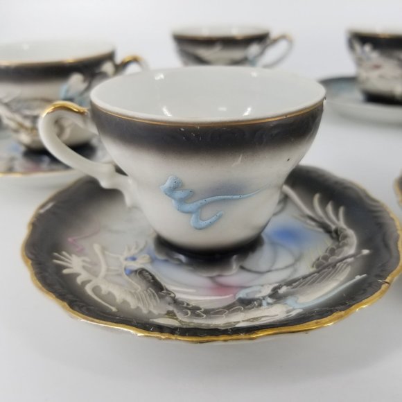 Dragon Ware Japanese Moriage Tutani Set 6 Demitasse Coffee Cup Saucer - Picture 6 of 14